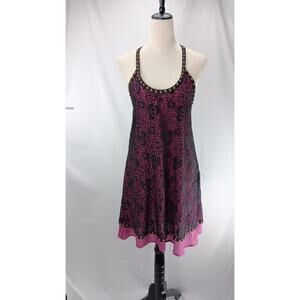 Sugarlips medium sheer black crochet mini dress with beads over pink fabric